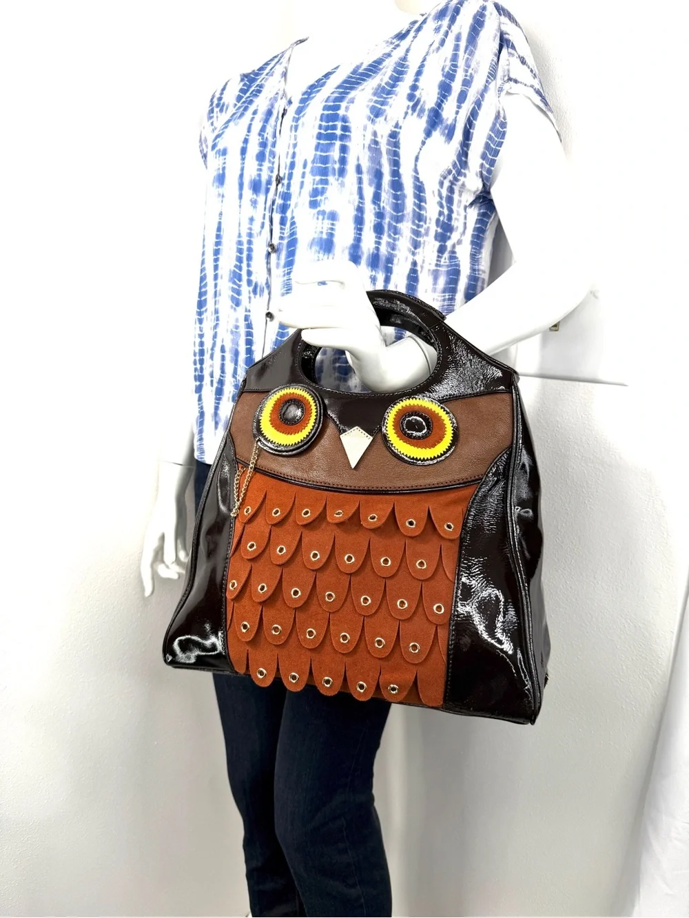 Kate Spade Maximillian Maxwell Owl Brown Patent Leather Suede Satchel Bag